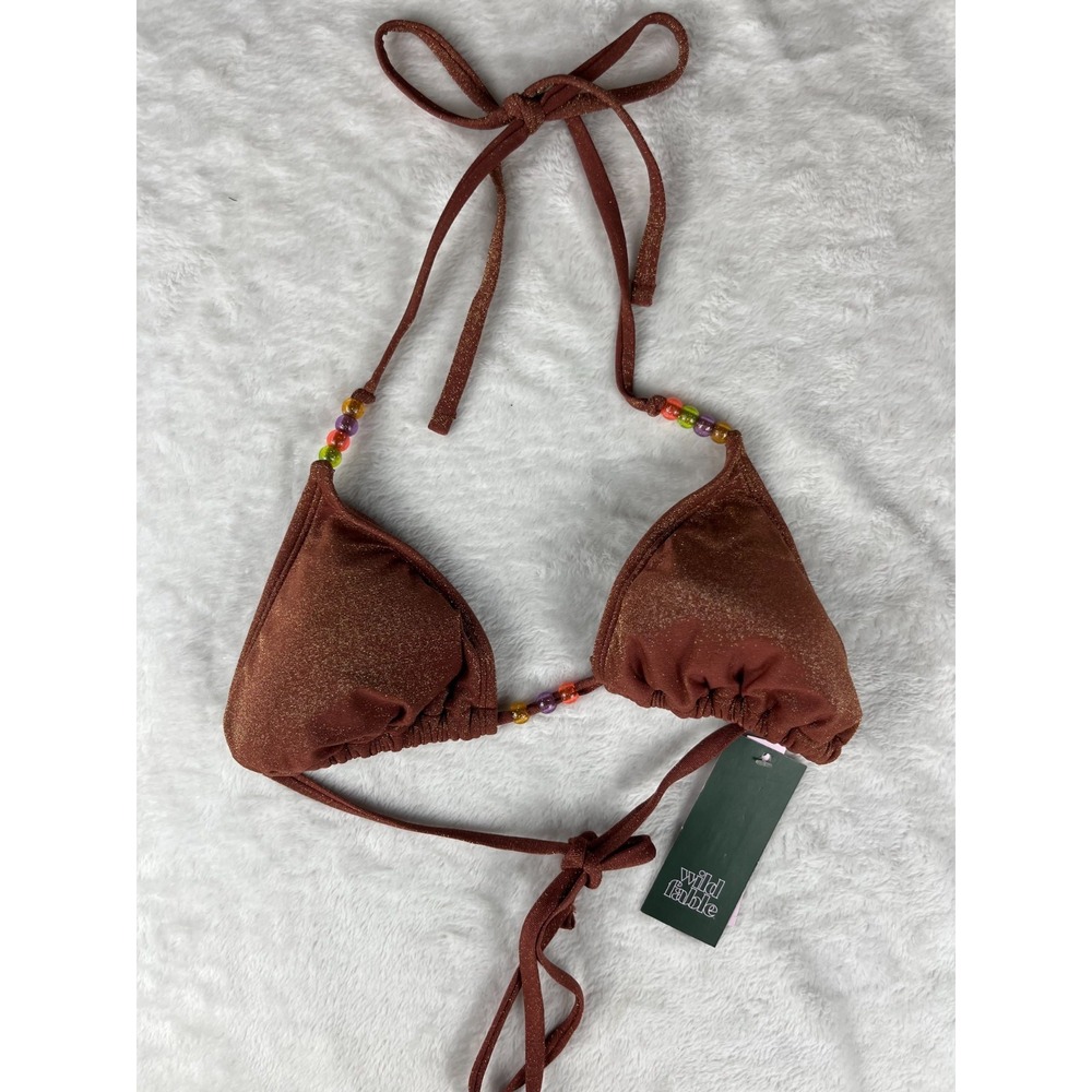 Wild Fable Triangle Bikini Top Womens Small Brown Lined Beaded Strap Halter Neck